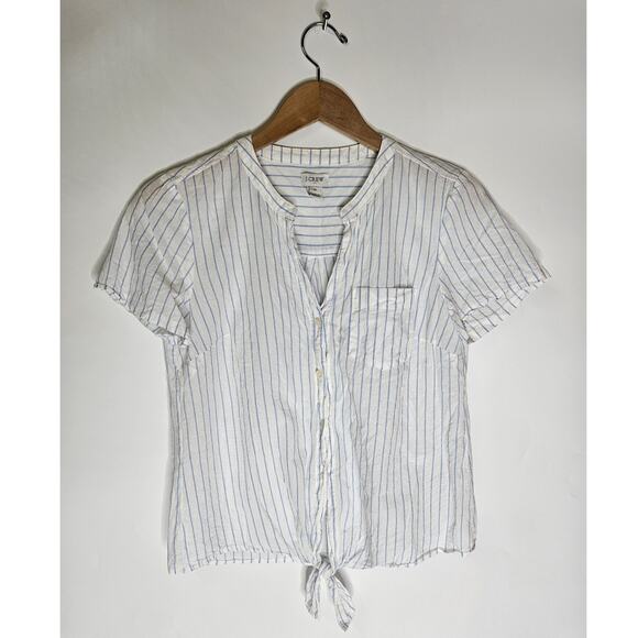 J Crew Mercantile Women's Short Sleeve V-Neck Blue Stripp Button Up Top Size XS - Picture 1 of 6